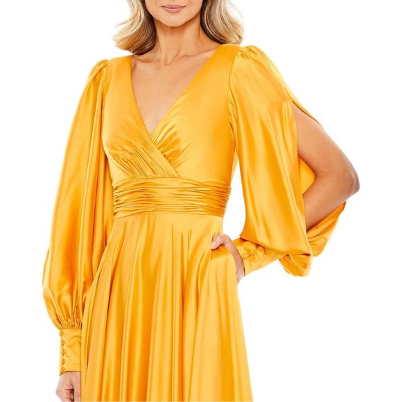 MAC DUGGAL FLOWY SPLIT BISHOP SLEEVE FAUX WRAP GOWN - Picture 3 of 12